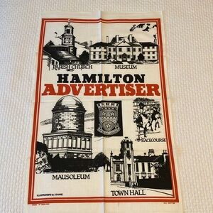Vintage cotton souvenir tea towel, made in England, “Hamilton Advertiser”